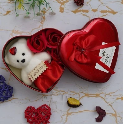 Romantic Gift Heart box - Heart Tin With Teddy Bear Roses And Love Message.