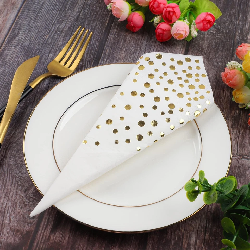 Pack of 120 Gold Foil Guest Napkins White and Golden Polka Dots Disposable Hand - Image 3 of 4