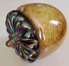 Art Glass Acorn Paperweight Iridescent Dark Cap Clear Cased Over Speckled 