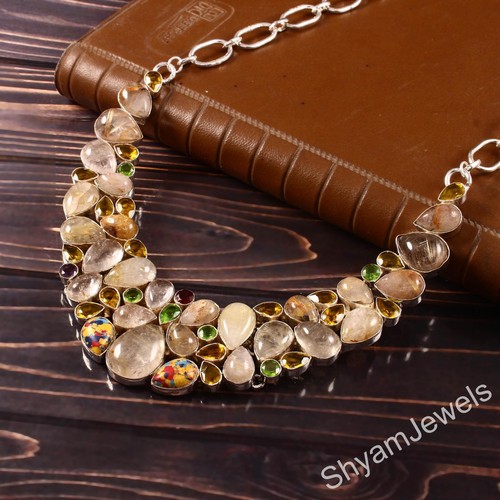 Sterling Silver Natural Pear Rutilated Quartz With Necklace Gift Jewelry - Picture 3 of 7
