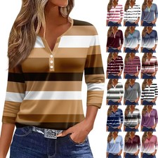LADIES TOPS BUTTON V NECK LOOSE CASUAL SUMMER PRINT SHIRTS BLOUSE Tee PLUS SIZE