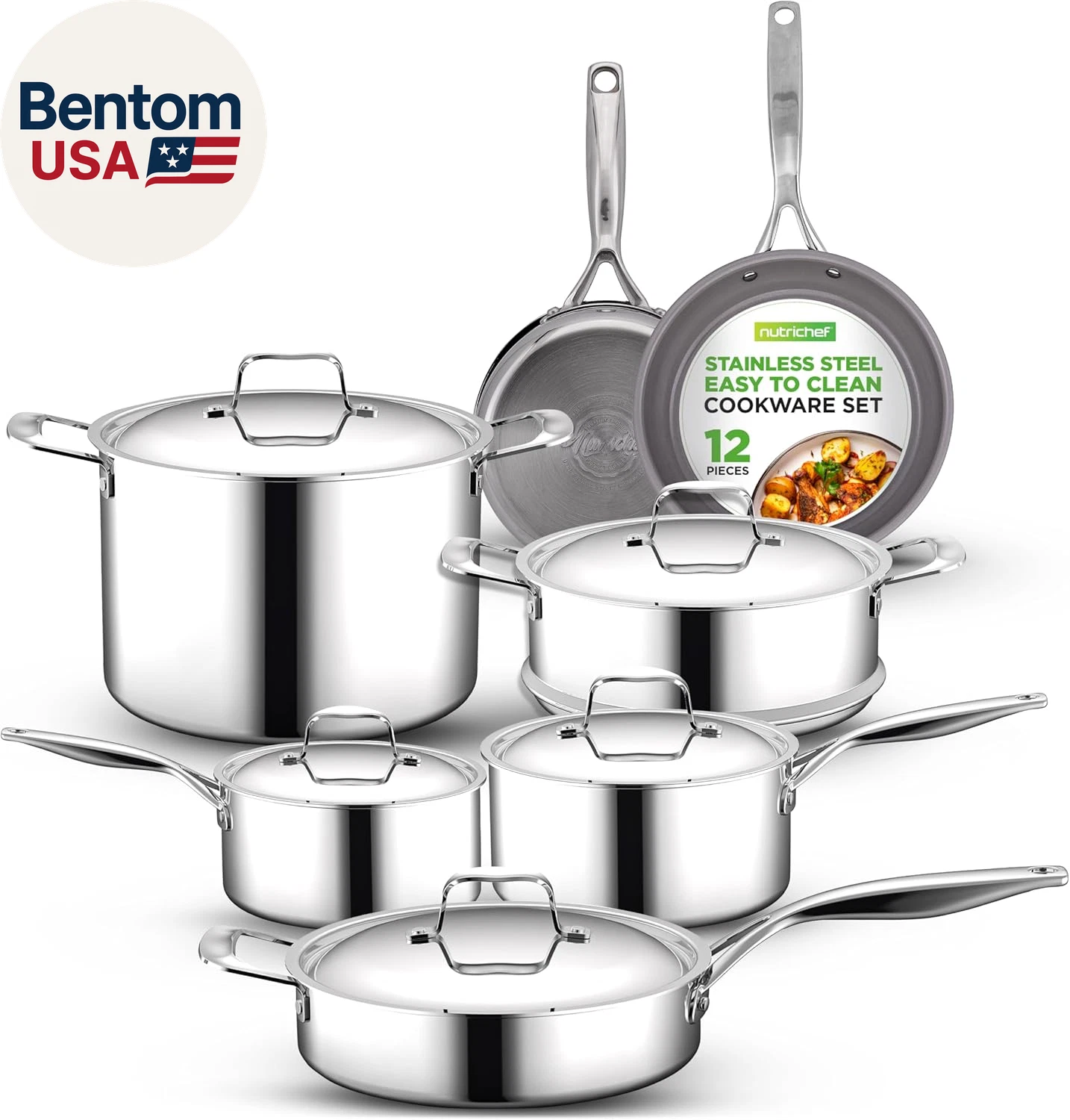 Kitchenware Pots & Pans Set - 12 Piece, Clad Kitchen Cookware Set W/Steel Handle