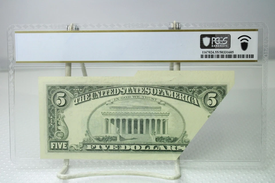 1988 $5 Pre-Overprint Fold w/ Cutting Error Federal Reserve Note PCGS 55 #0429 - Image 2 of 2