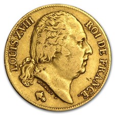 1816-1824 France Gold 20 Francs Louis XVIII Avg Circ