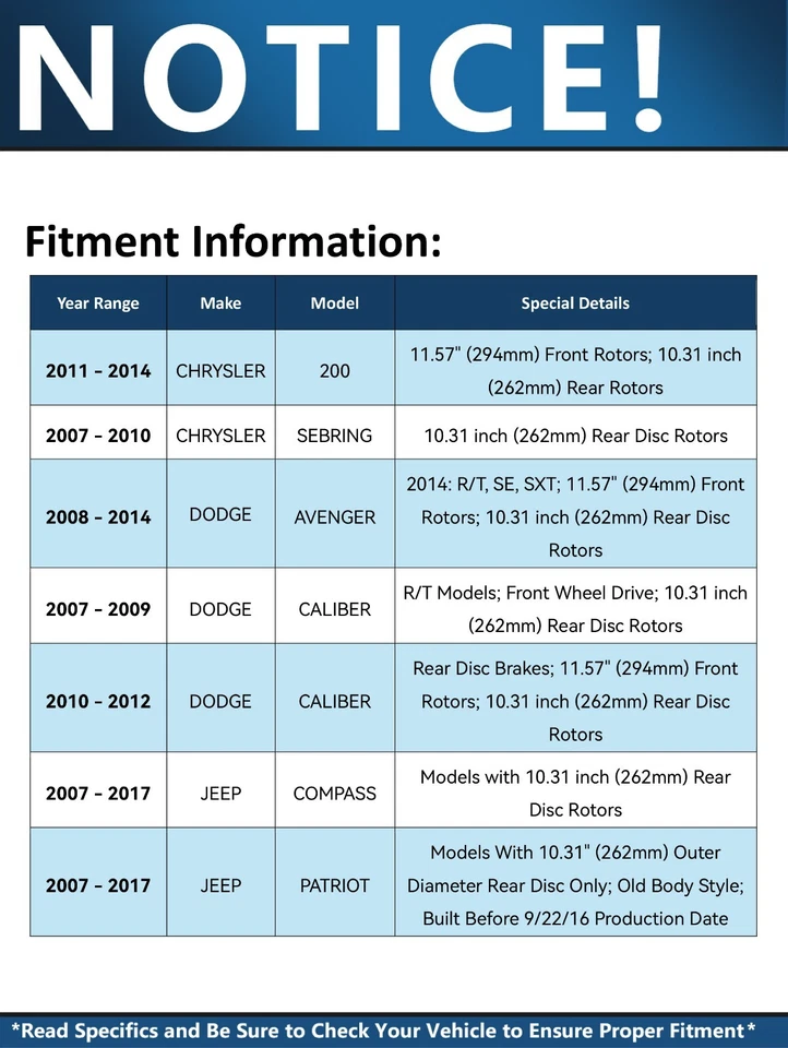 Rotores delanteros traseros pastillas de freno para 200 Sebring Avenger calibre brújula Patriot Foto 4 de 4