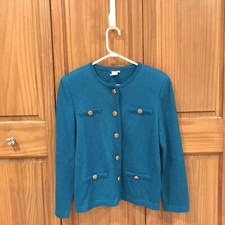 Vintage Long Sleeve Cardigan Sweater Blue with Gold Buttons Petite 10 USA Made