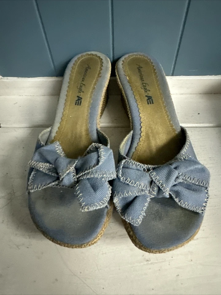 Vtg American Eagle Women's Sz 8 Blue Denim Jean Fabric Slip On Wedge Sandals - Image 3 of 4