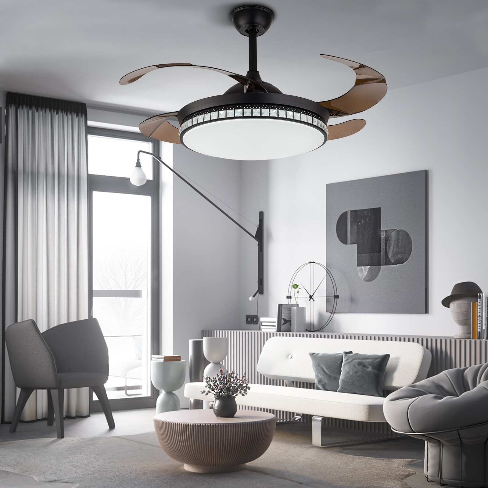42-Inch Retractable Ceiling Fan with LED Light Remote 3-Color Chandelier  