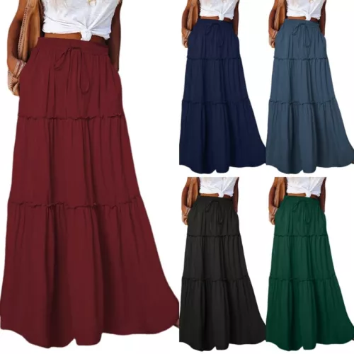 Ladies Boho Maxi Skirt Womens Tiered Panel Party Fashion Long Skirts w/Pockets - Picture 2 of 29
