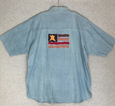 American Flag Patchwork-Style Denim Shirt Mens XL Button Up Lighthouse Apparel