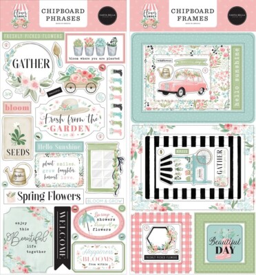 FLOWER GARDEN (2) 6''x13'' Chipboard COMBO Carta Bella Frames + Phrases Scrapbook