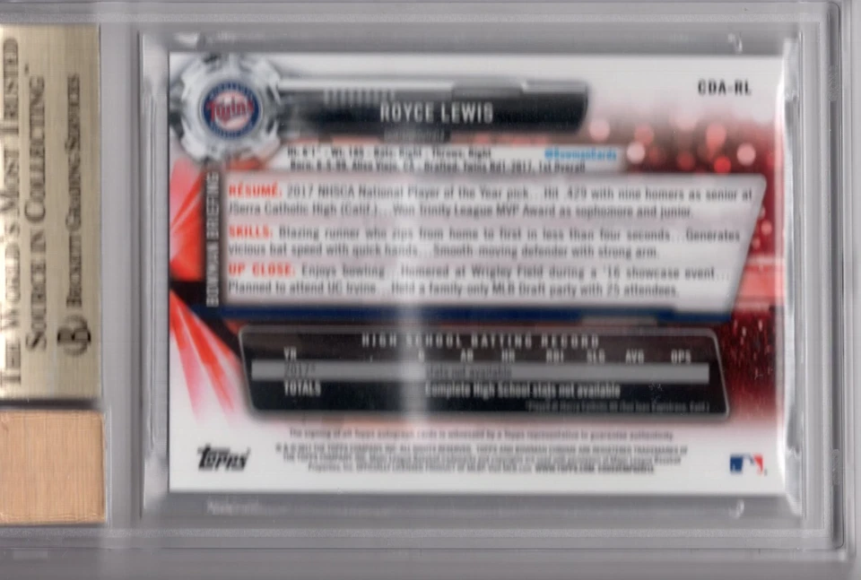 2017 Bowman Chrome Draft Rookie Autograph #CDA-RL Royce Lewis RC BGS 10/10 - Image 2 of 2