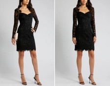 ELIZA J Black Lace Sheer Yoke Sweetheart Long Sleeve Cocktail LBD Dress 12 = L