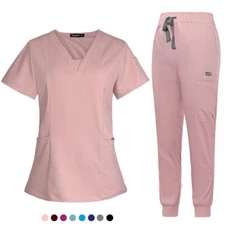 NiaaHinn Scrub Uniform Women Medical Nurse Scrub Set V-Neck Tops Jogger Pants