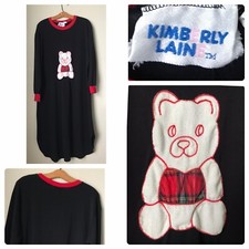 Kimberly Laine Black Nightgown L Embroidered Teddy Bear PJ Vtg 80s