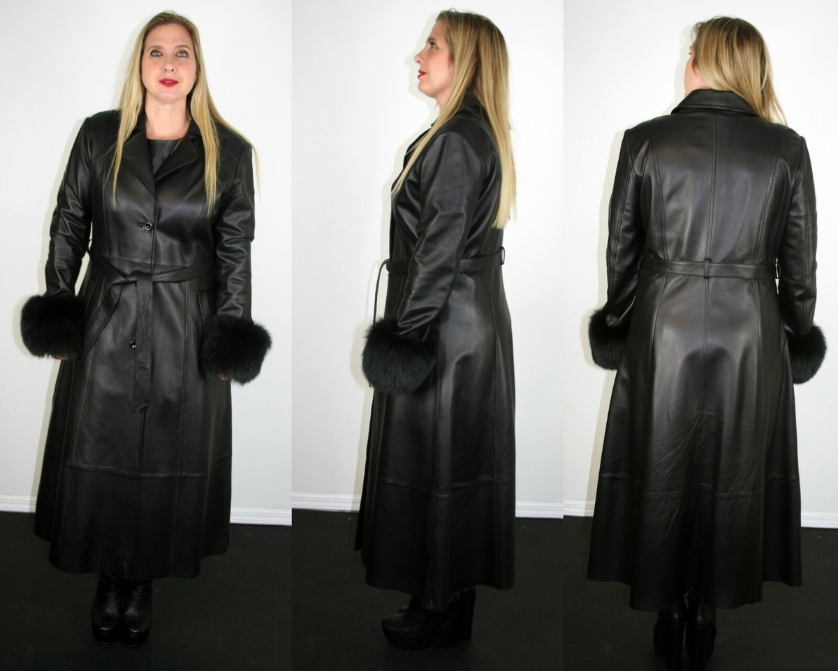 Brand New Meotine Black Lambskin Leather Coat Fox Fur Cuffs Size