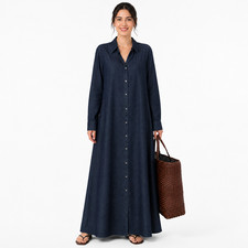 Unwashed Denim Abaya Maxi Dress Eco Sustainable Modest Button Front Long Sleeve