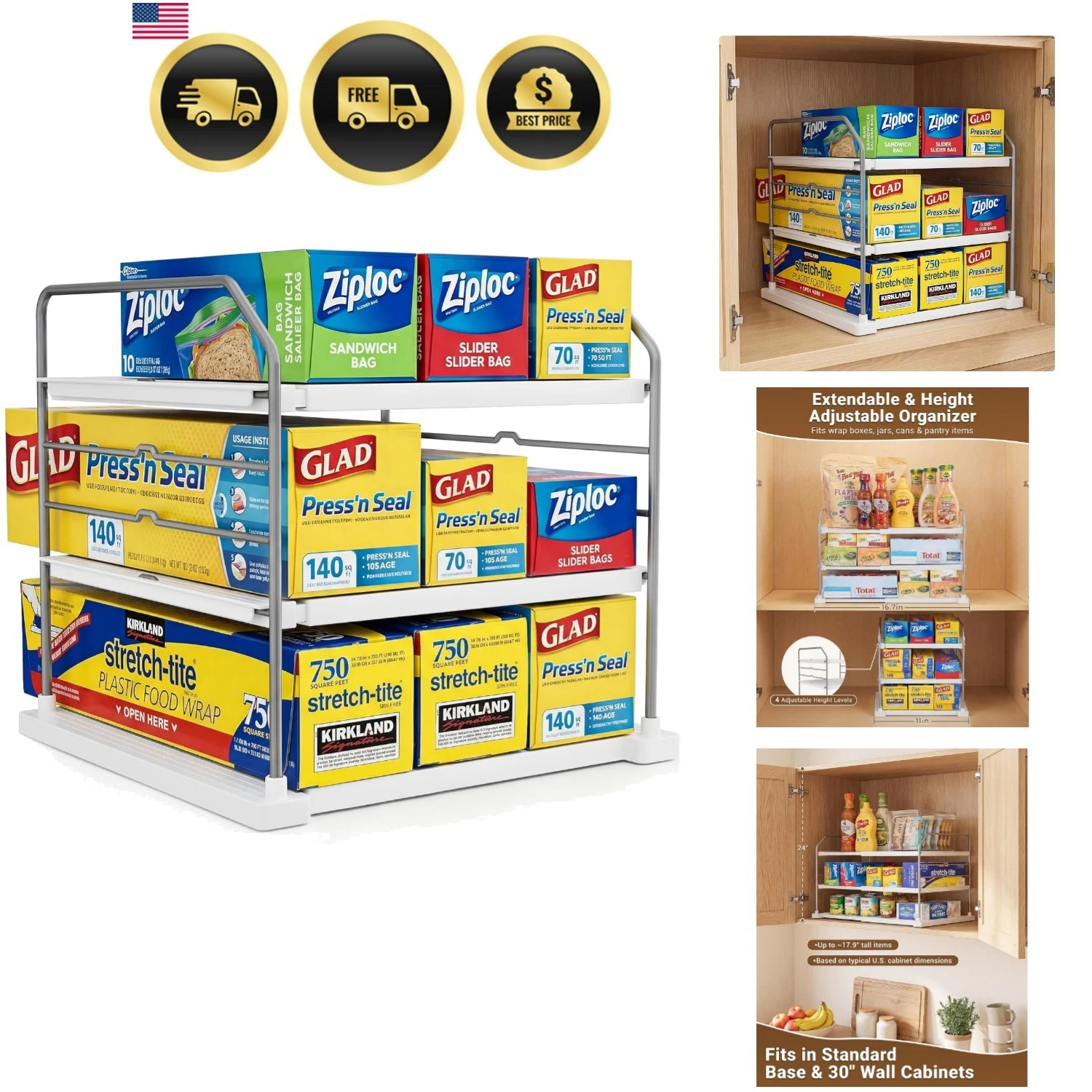 Extendable 3-Tier Kitchen Cabinet & Pantry Organizer for Plastic Wrap, Foil &...