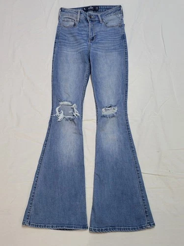 Hollister High-Rise Flare Distressed Stretch Blue Denim Jeans size 24 or 0