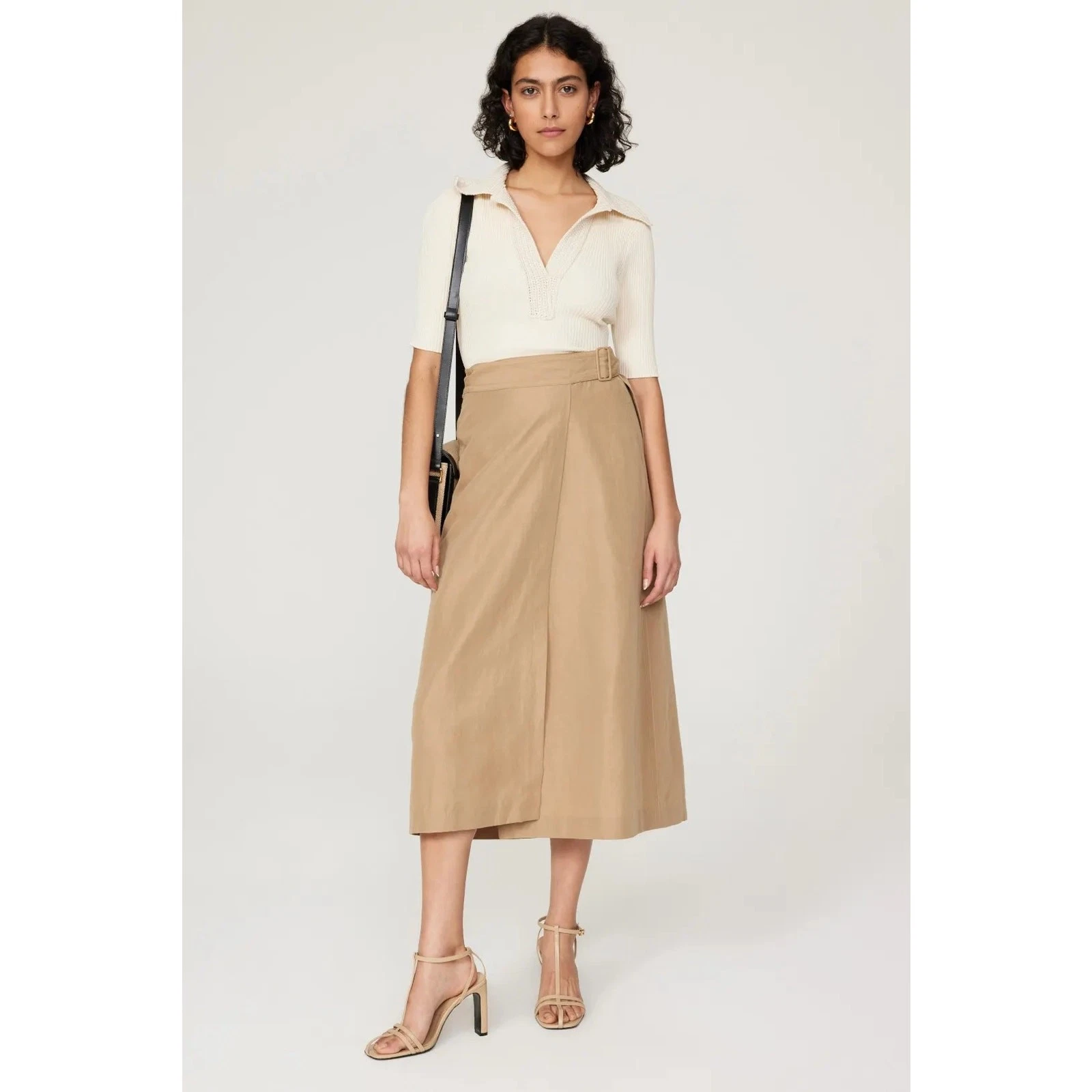 Vince Buckle Khaki linen-blend wrap Midi skirt buckle detail US 4