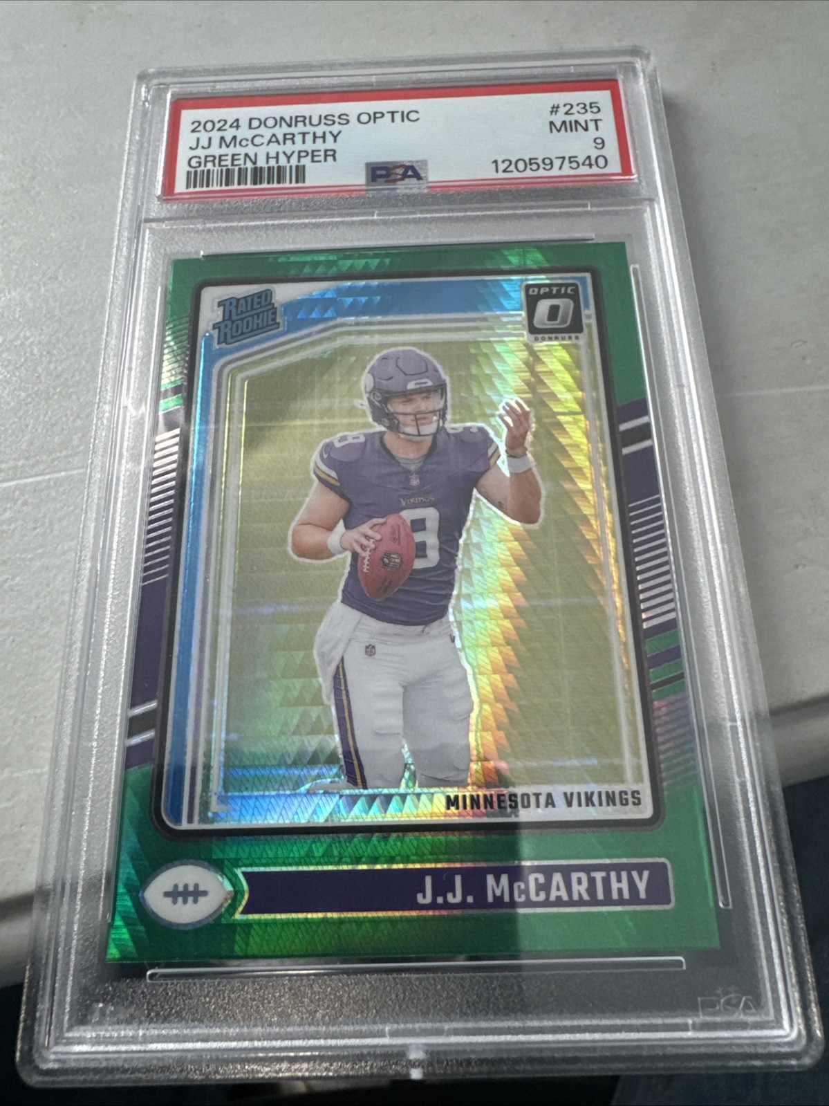 2024 Donruss Optic J.J. McCarthy Green Hyper Rated Rookie #235 Vikings PSA 9