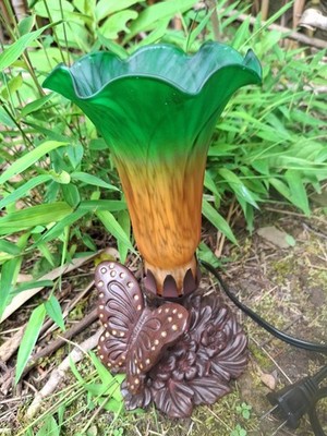 Tulip Lilly Accent Lamp Trumpet Shade Green-Amber Ombre Blown Glass  Butterfly 