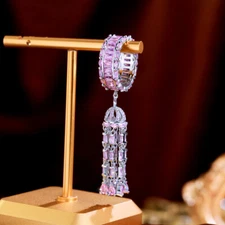 Beauty Silver Plated CZ Long Tassel Charms Cubic Zirconia Pink Wedding Band Ring