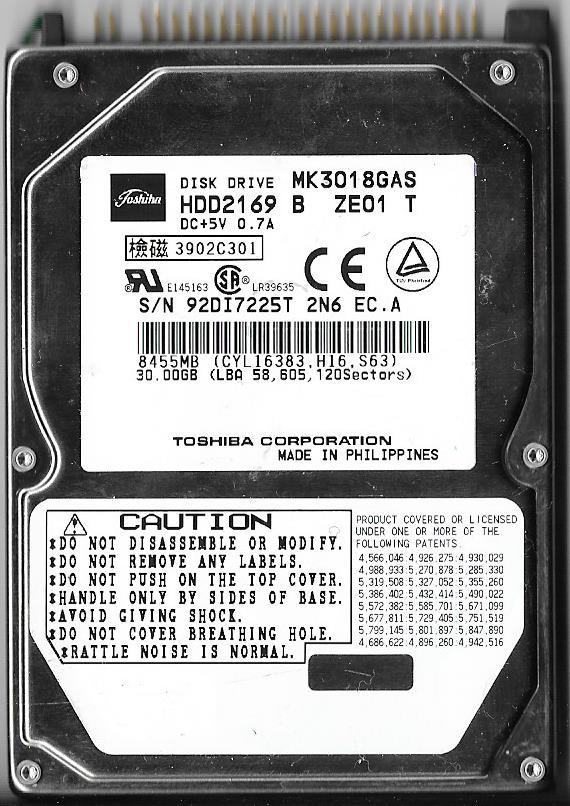 ID372672　８．０Ｋ（２０１８年東芝製） TOSHIBA MK3018GAS HDD2169 B ZE01 T 30GB ATA/IDE HARD DRIVE BAD