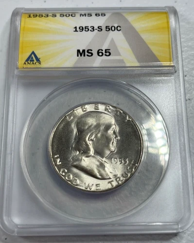 1953-S  Franklin US Half Dollar,   MS65 by ANACS,   a SUPERB looking coin!!!