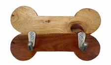 Wood Bone Dog Leash Rack Holder 2 Hook Plaque 10”x6”x11” Wall Mounted
