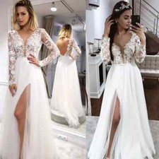 V Neck Wedding Dresses with Slit Long Sleeves Backless Lace Applique Bridal Gown