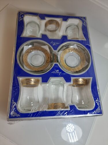 Imparator Turkish Lux Tea Set 24Kt Gold Trim Glass Hand Made Cut Vtg in Box - Picture 1 of 12