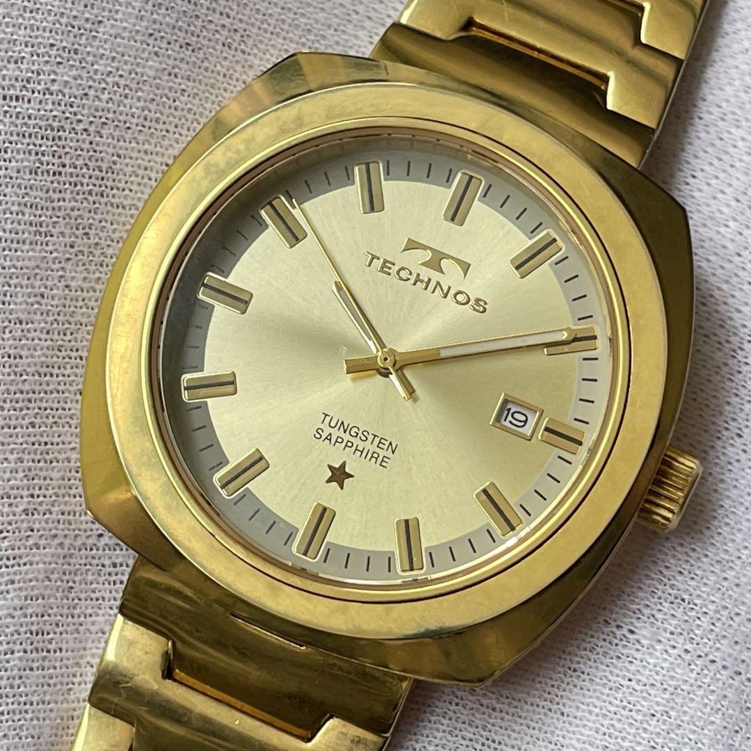 Technos Watch Quartz 39mm Men's Gold Dial Swiss Made Tonneau Technos Watch Quartz 39mm Men's Gold Dial Swiss Made Tonneau