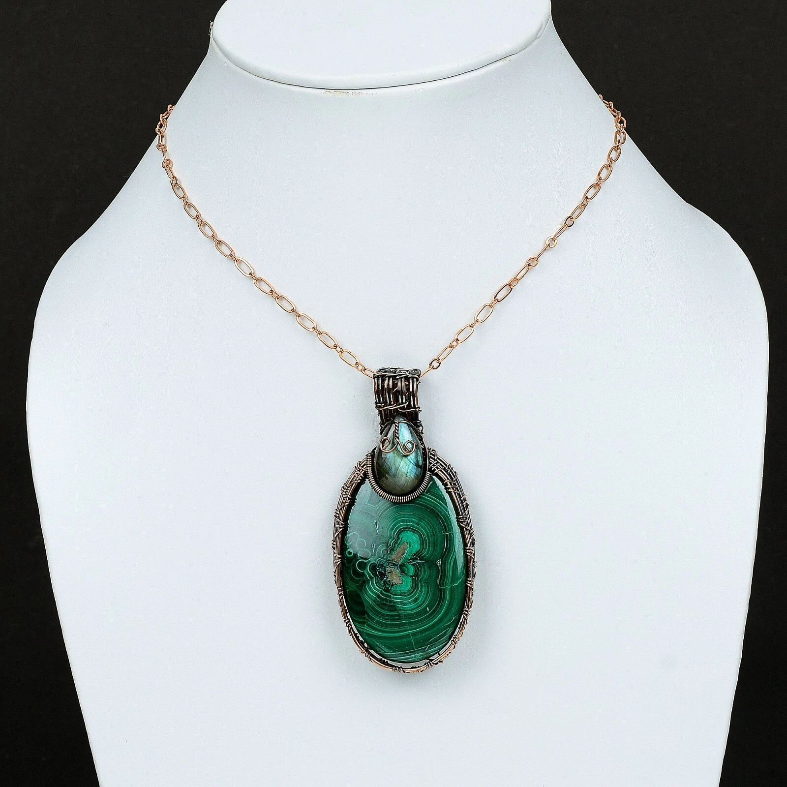 Gift For Her Russian Malachite Wire Wrapped Pendant Copper Jewelry 3.15" - product detail image 5