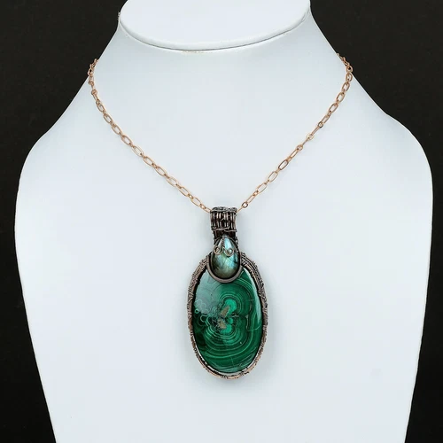 Gift For Her Russian Malachite Wire Wrapped Pendant Copper Jewelry 3.15" image 5