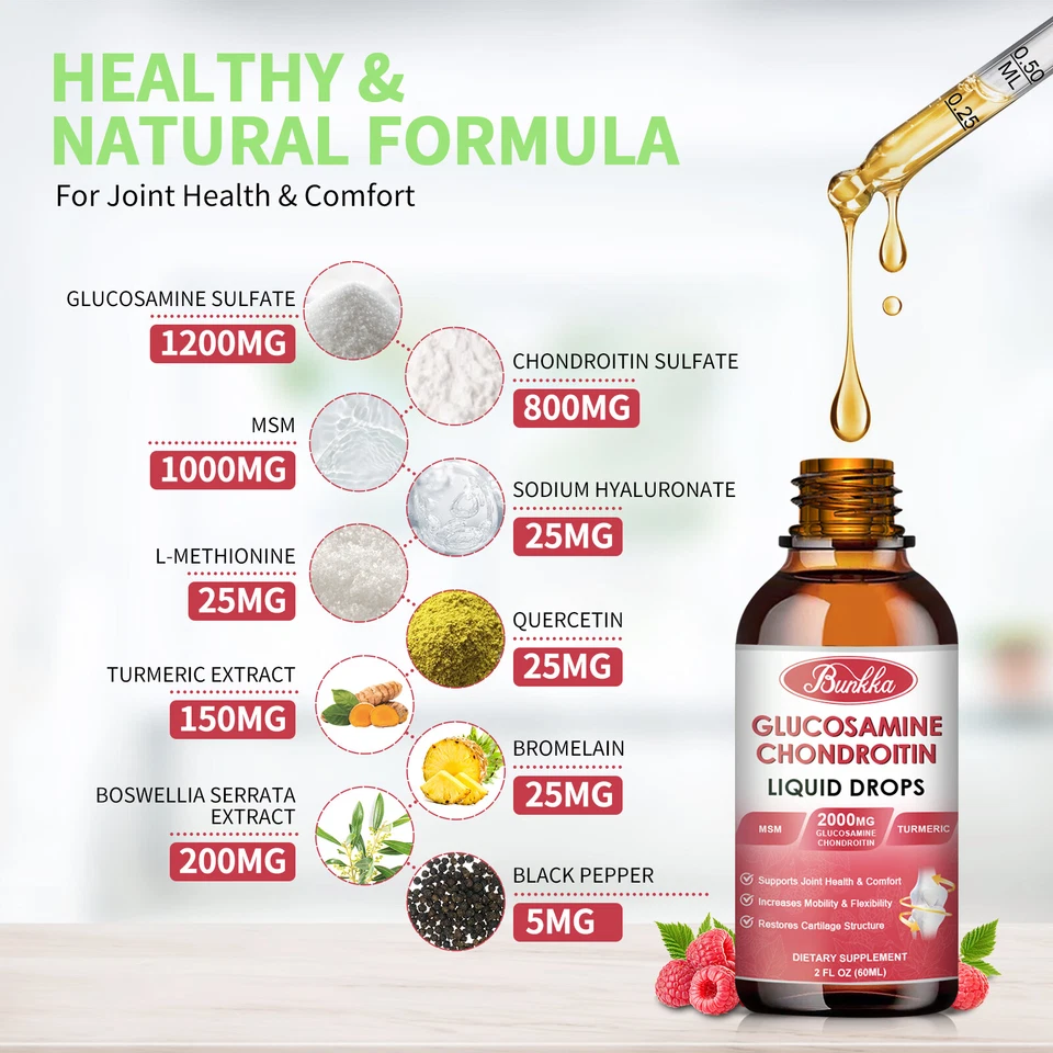 Gotas líquidas 60 ml de glucosamina condroitina MSM con cúrcuma Boswellia quercetina Foto 2 de 4