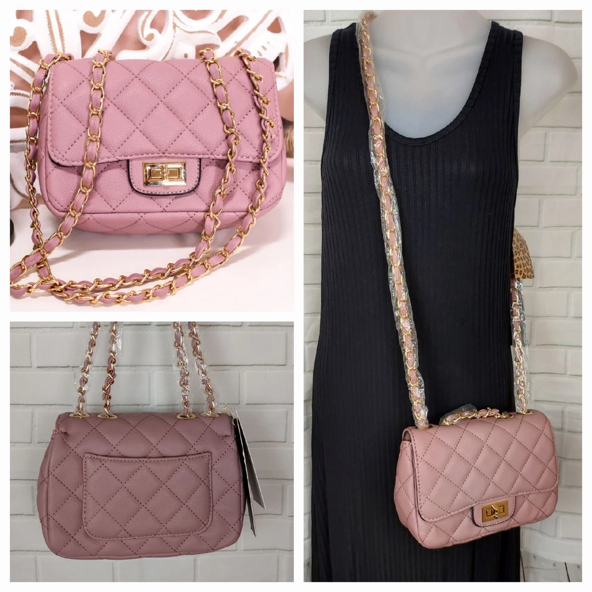 ISABELLE New $44 Mauve Vegan Quilted Handbag with Gold Chain Strap