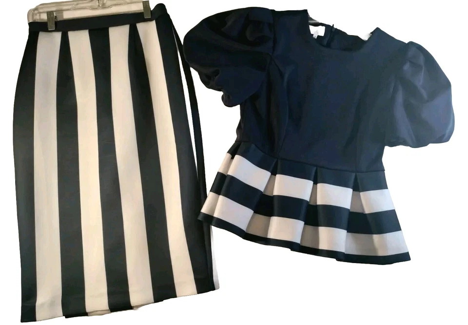 Dorinda Clark Cole Conjunto de 2 Piezas S Blusa Falda S Azul Marino Blanco Rayas Domingo Mejor Iglesia Foto 3 de 4