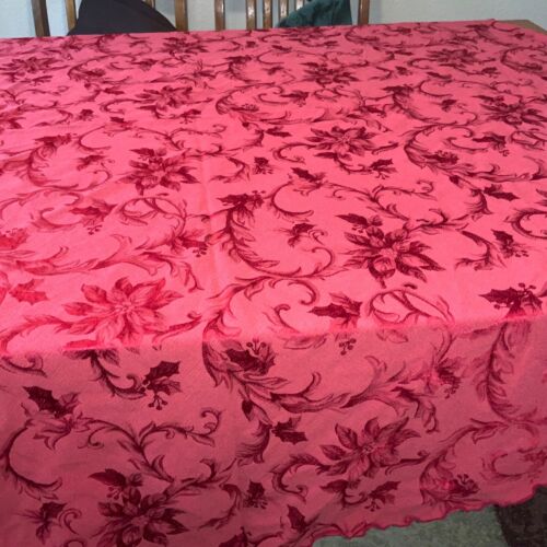 Red Round Tablecloth 66” embossed floral pinkish tint reversible - Picture 2 of 8