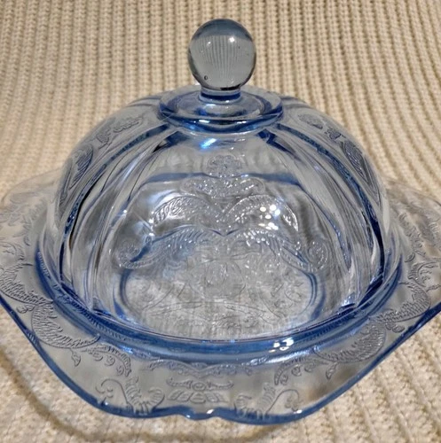 Vintage Madrid Indiana Depression Glass Covered Butter Cheese Dish Teal Blue