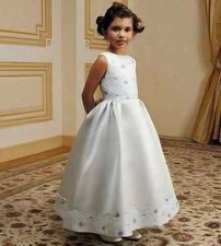 Girls' White Satin Formal Dress with Purple Embroidery for Flower Girl 4