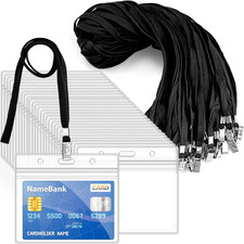 30 Lanyards with 30 Clear Plastic Horizontal ID Card Holders, Black