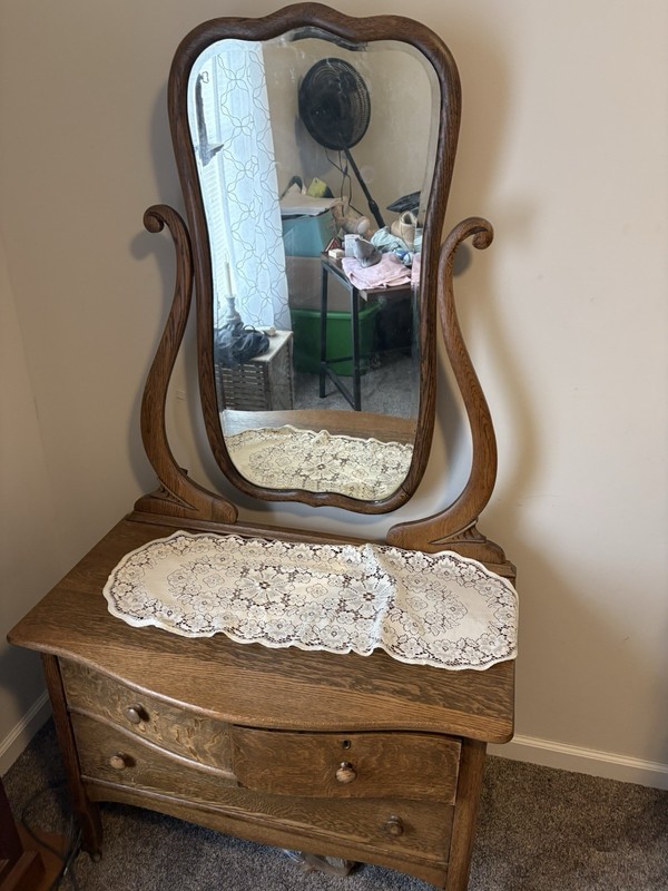 Antique Wooden Three Drawer Dresser With Teardrop Mirror