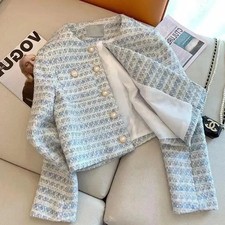 Long Sleeve Top Knitted Cropped Tweed Jacket Women Coat Elegant Fashion Style UK