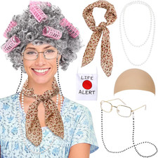 Old Lady Costume for Kids Women,Old Lady Wig for 100 Days of School,Granny Grand