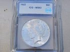 1922 Peace Dollar $1 90% Silver US coin NR Free Shipping uncirculated unc
