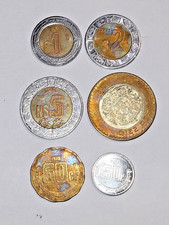 6 CIRCULATING Mexico Coins:  (2) 50 Centavos & 1,2,5,10, Pesos. Varied Dates.