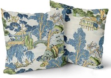Chinoiserie Pillow Cover Set of 2 18X18 Inch Asian Scenic Blue and Green Cotton