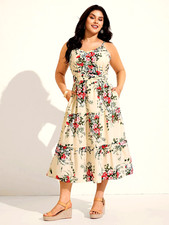 BloomChic Plus Size 18 20 Apricot Floral Pleated Waist Midi DRESS Wedding Guest