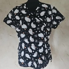 Cassandra O Halloween Ghosts Short Sleeve VNeck Medical Scrubs Top Women's Large